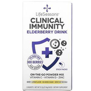 LifeSeasons, Clinical Immunity Elderberry Drink Mix, Berry-Lemon, 39,000 mg, 5 Packets, 3.14 g Each - Supply Center USA