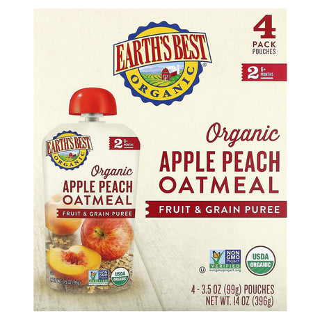 Earth's Best, Organic Fruit & Grain Puree, 6+ Months, Apple, Peach, Oatmeal, 4 Pouches, 3.5 oz (99 g) Each - Supply Center USA