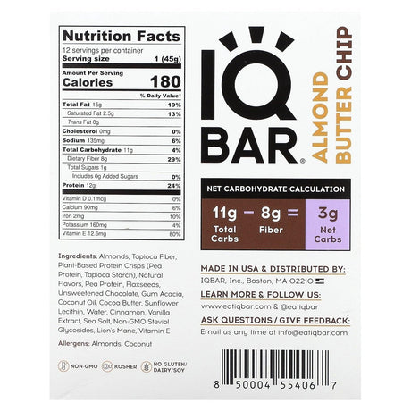 IQBAR, Peanut Butter Chip, 12 Bars, 1.6 oz (45 g) Each - Supply Center USA