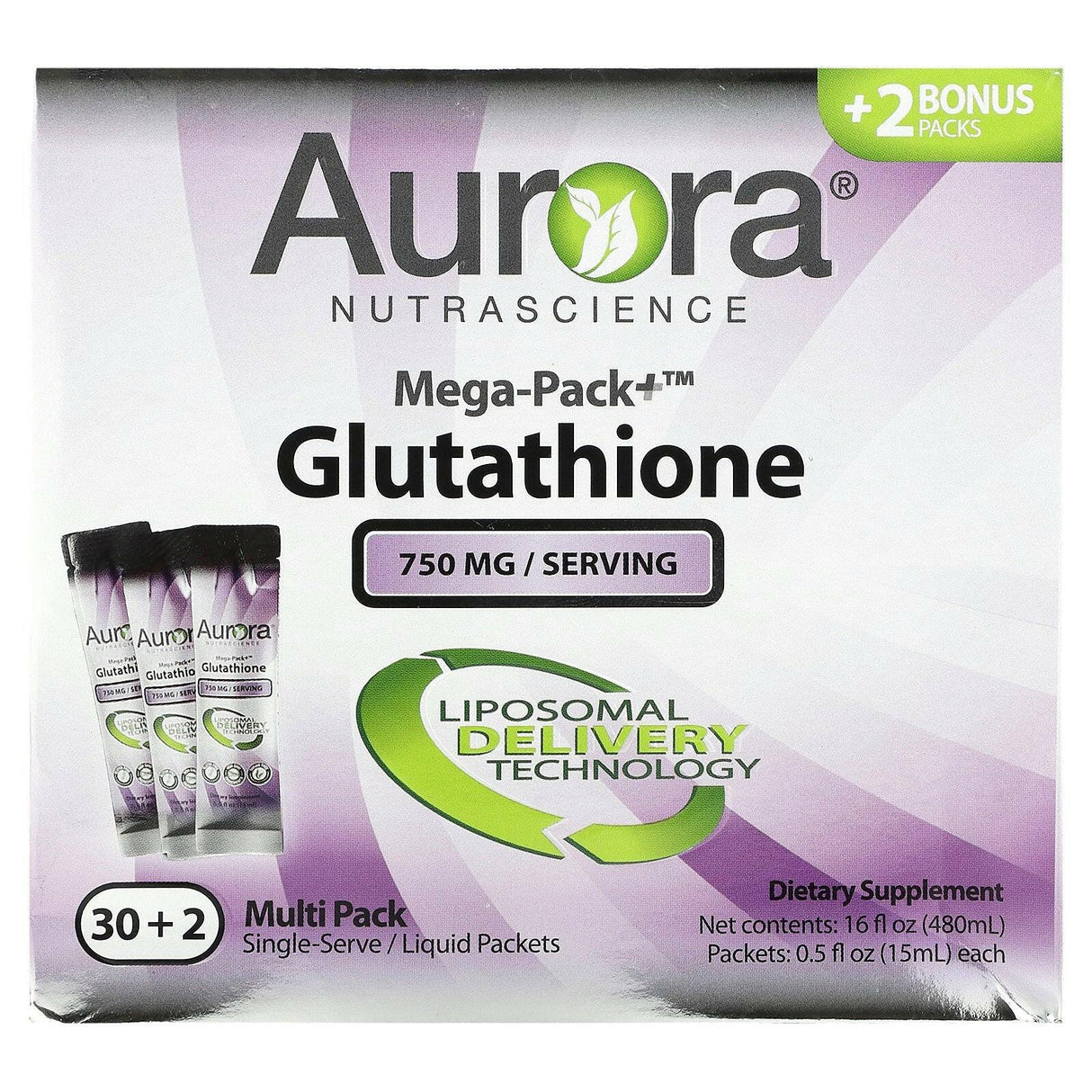 Aurora Nutrascience, Mega-Pack+ Glutathione, 750 mg, 32 Packs, 0.5 fl oz (15 ml) Each - Supply Center USA