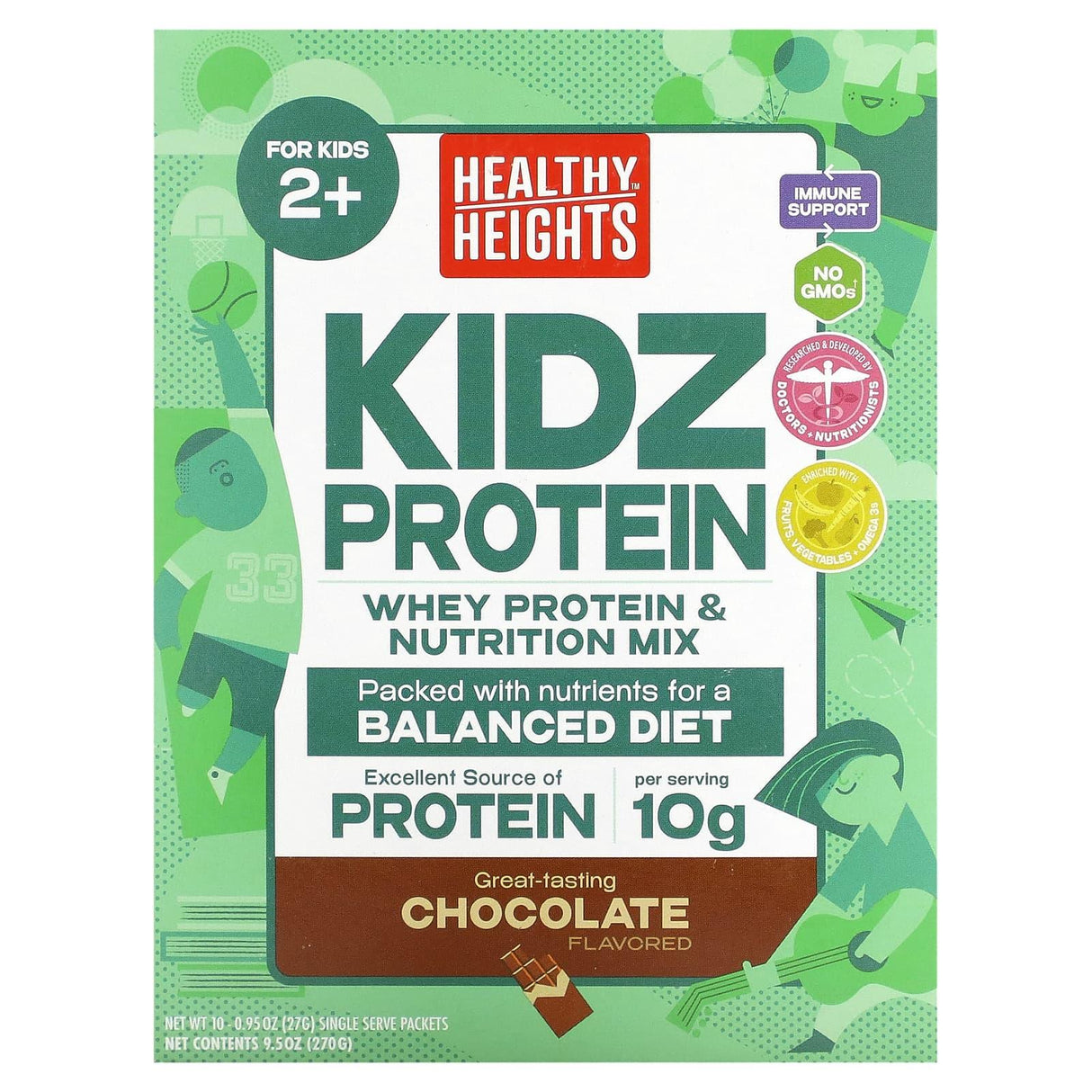 Healthy Heights, Kidz Protein, For Kids 2+, Chocolate, 10 Single Serve Packets, 0.95 oz (27 g) Each - Supply Center USA