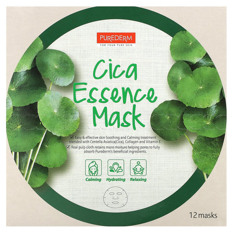 Purederm, Cica Essence Beauty Mask, 12 Sheets, 0.63 oz (18 g) Each - Supply Center USA