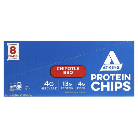 Atkins, Protein Chips, Chipotle BBQ, 8 Bags, 1.1 oz (32 g) Each - Supply Center USA