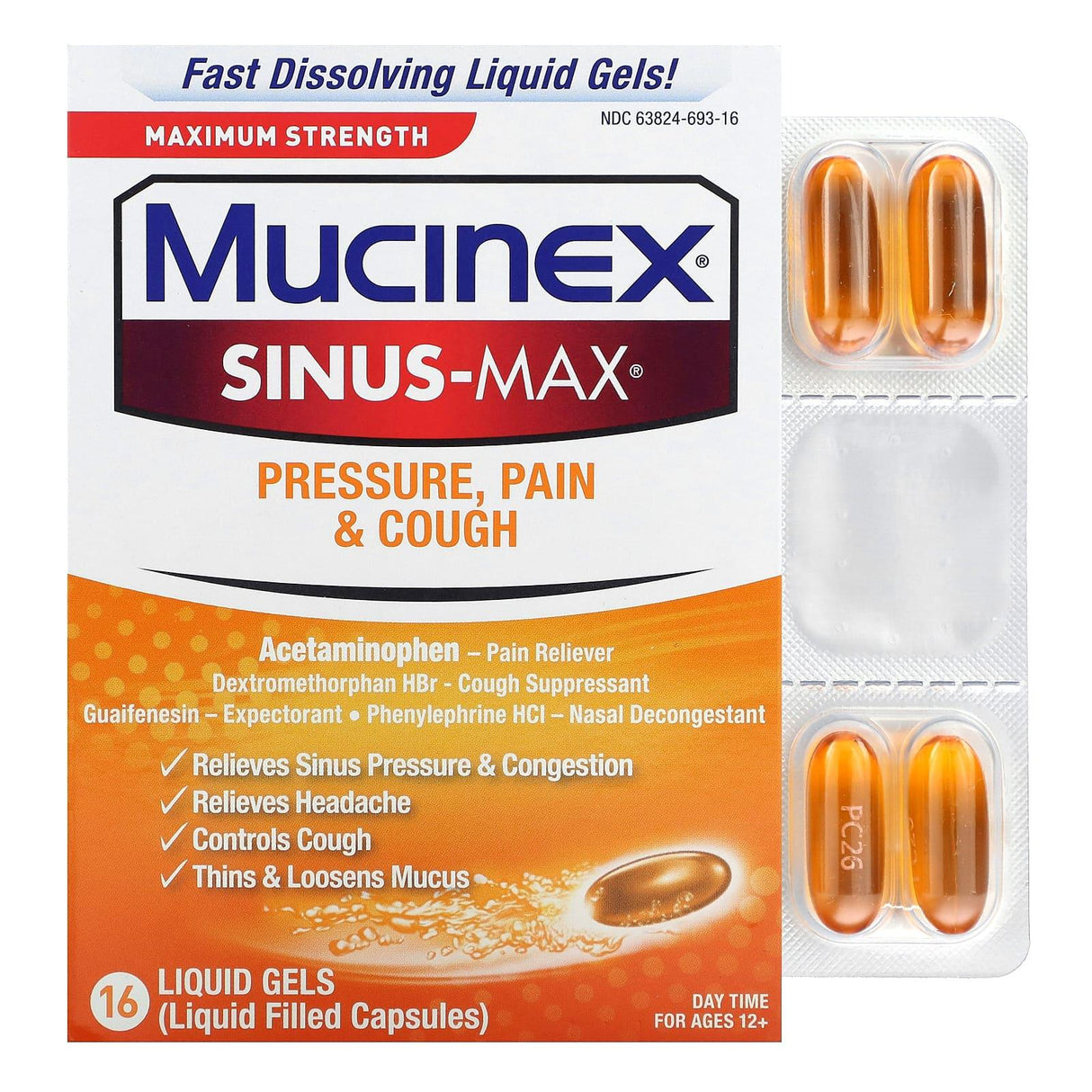 Mucinex, Sinus-Max, Pressure, Pain & Cough, Maximum Strength, For Ages 12+, 16 Liquid Gels - Supply Center USA