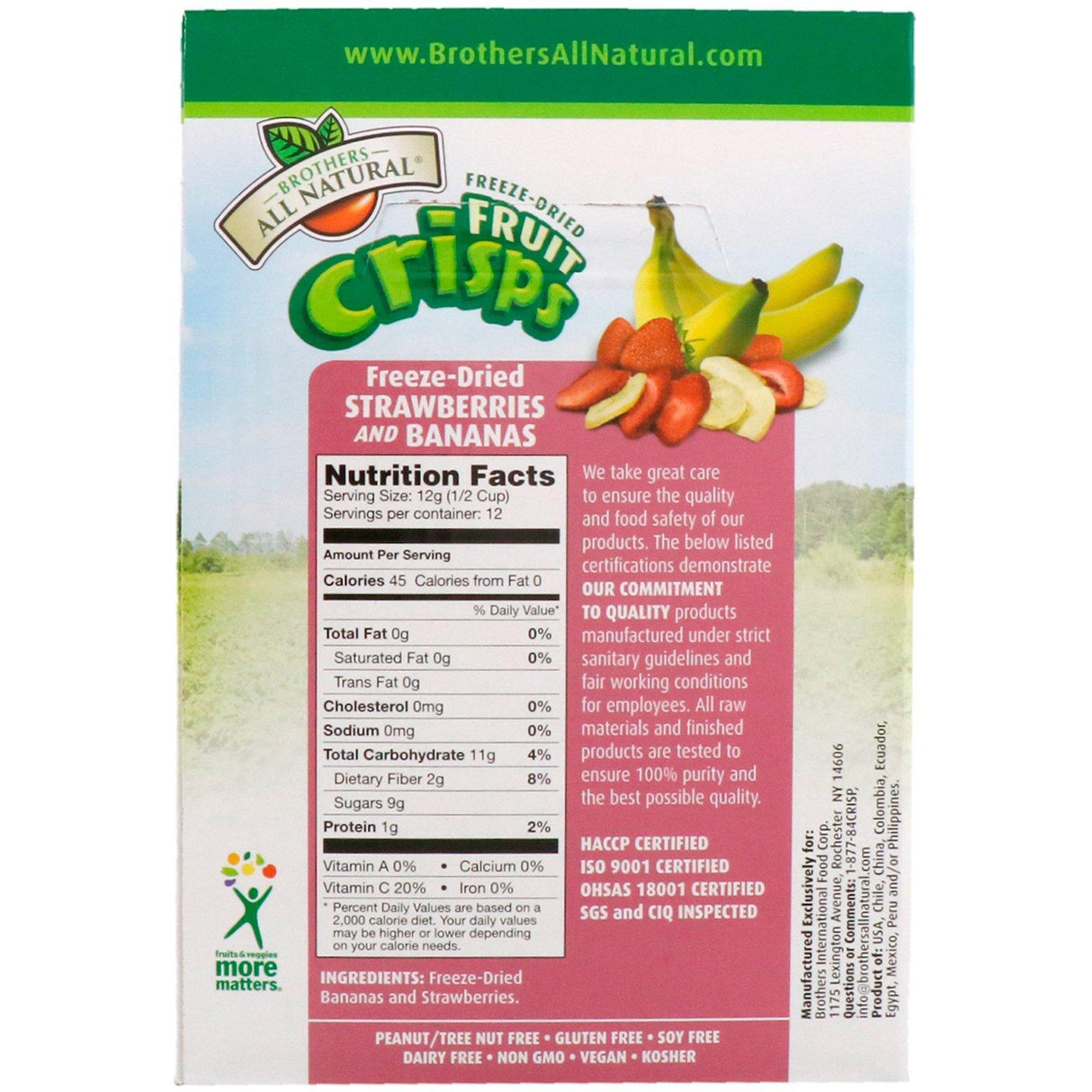 Brothers-All-Natural, Fruit Crisps, Freeze-Dried Strawberries & Bananas, 12 Single-Serve Bags, 0.42 oz (12 g) Each - Supply Center USA