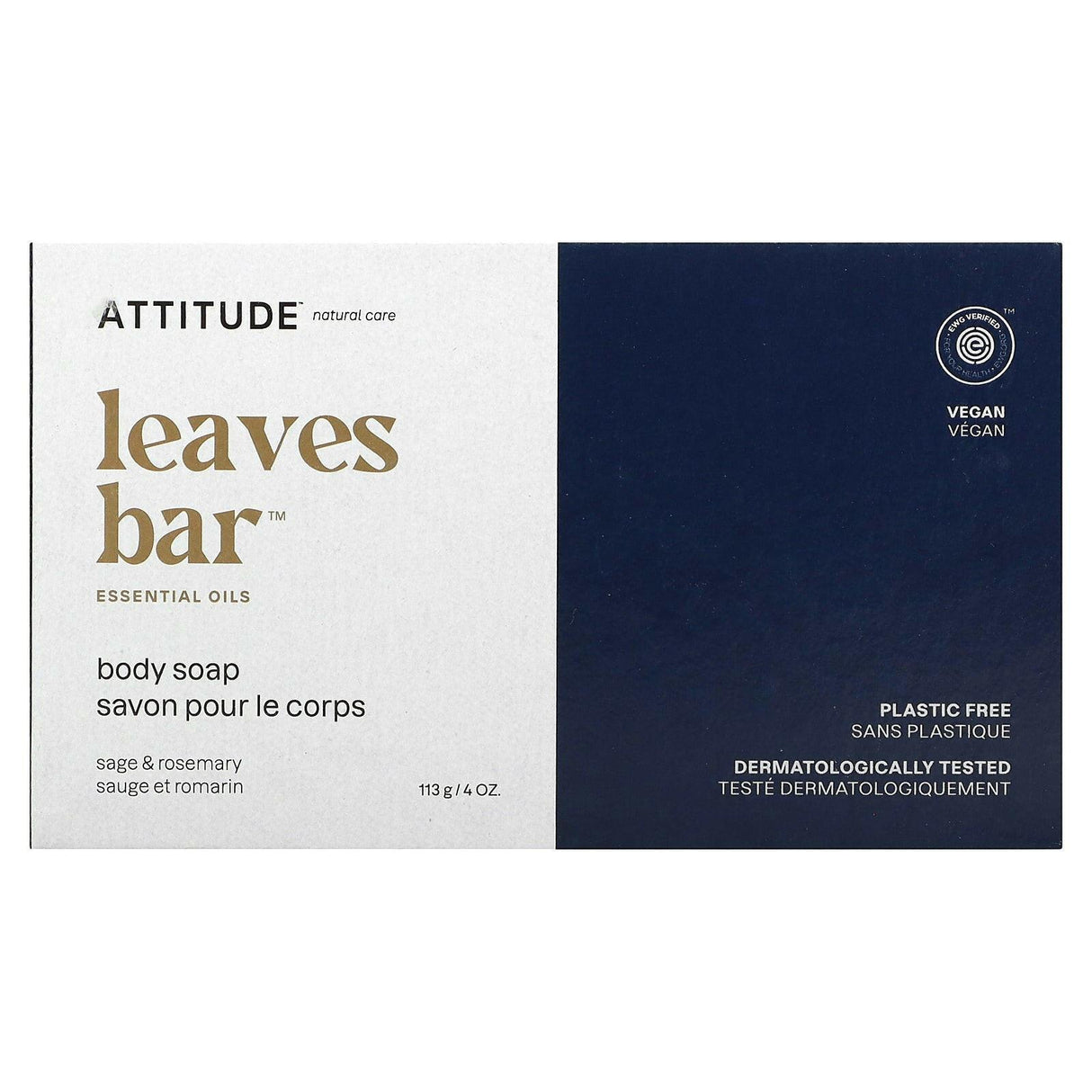 ATTITUDE, Leaves Bar, Body Bar Soap, Sage & Rosemary, 4 oz (113 g) - Supply Center USA