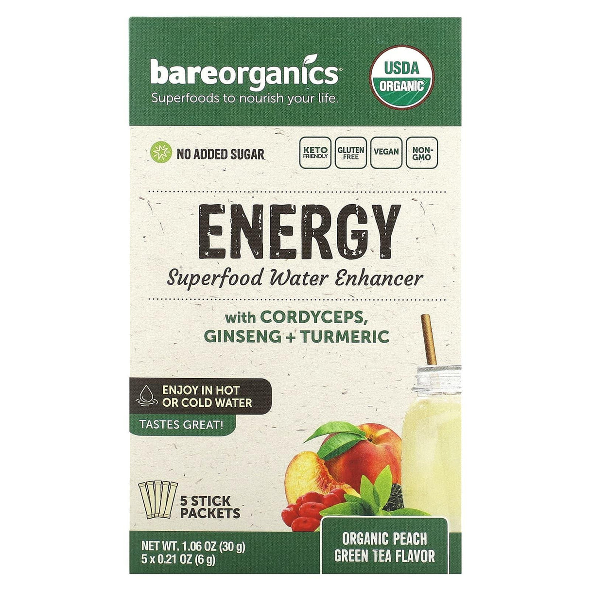 BareOrganics, Energy, Superfood Water Enhancer, Organic Peach Green Tea, 5 Stick Packets, 0.21 oz (6 g) Each - Supply Center USA