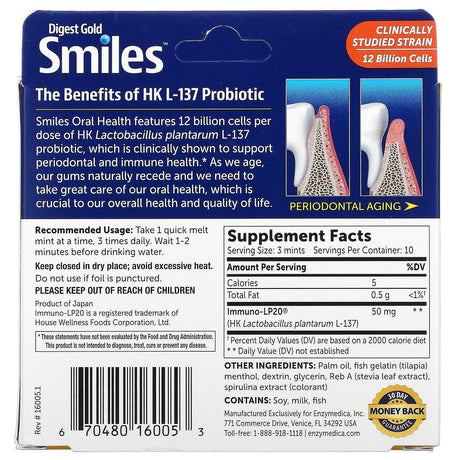 Enzymedica, Digest Gold Smiles Oral Health with HK L-137 Probiotic, 30 Quick Melt Mints - Supply Center USA