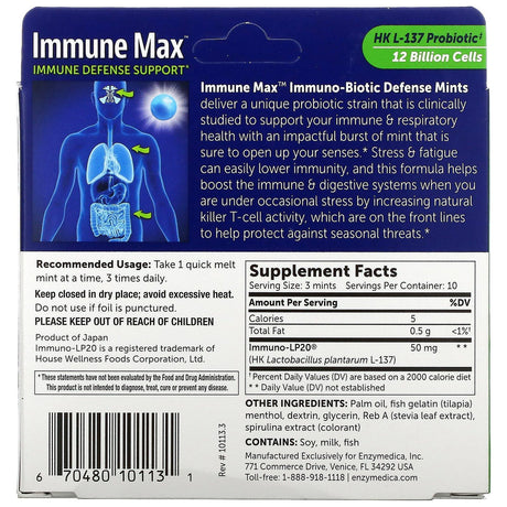 Enzymedica, Immune Max, Immuno-Biotic Defense Mints, Fresh Mint, 30 Quick Melt Mints - Supply Center USA