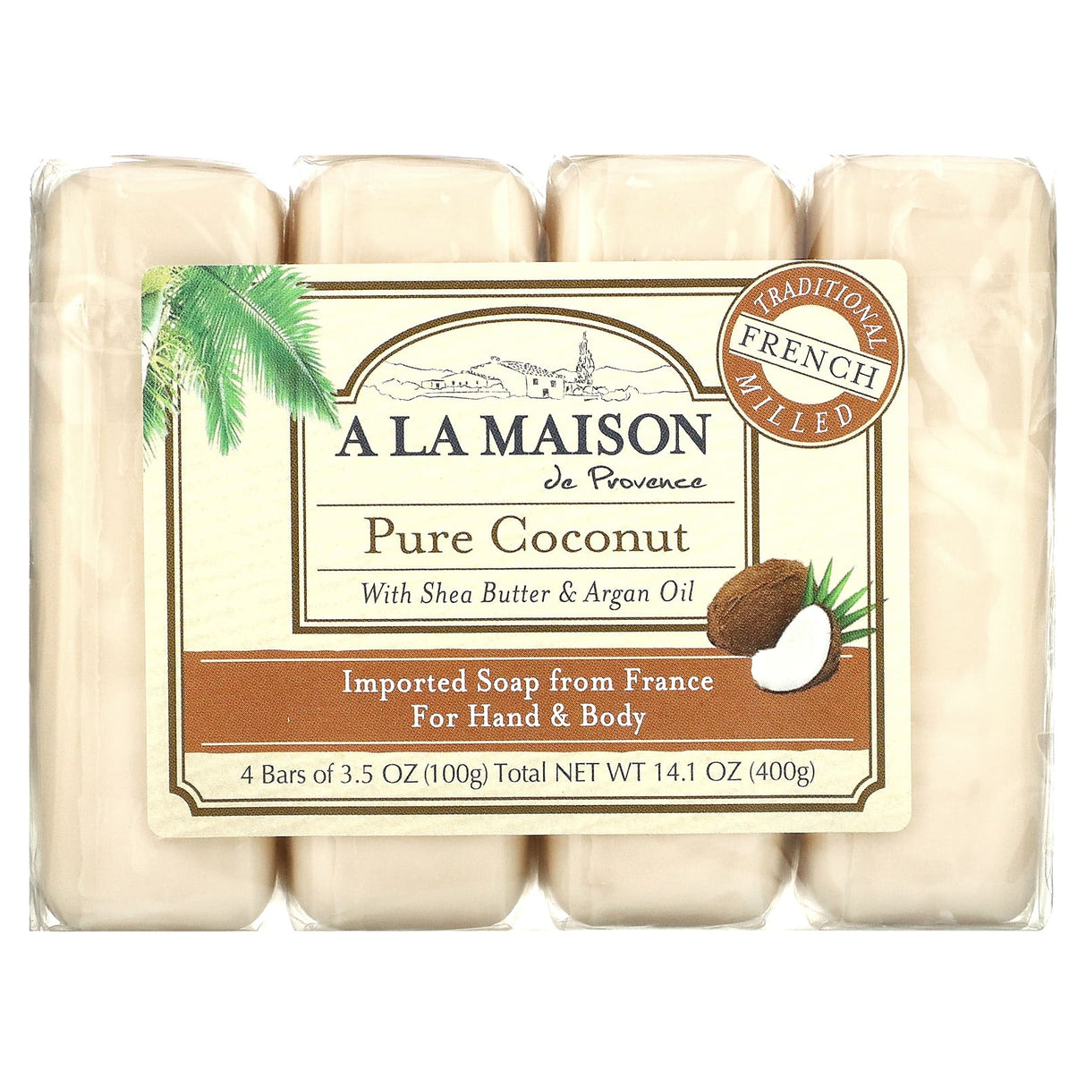 A La Maison de Provence, Hand & Body Bar Soap, Pure Coconut, 4 Bars, 3.5 oz Each