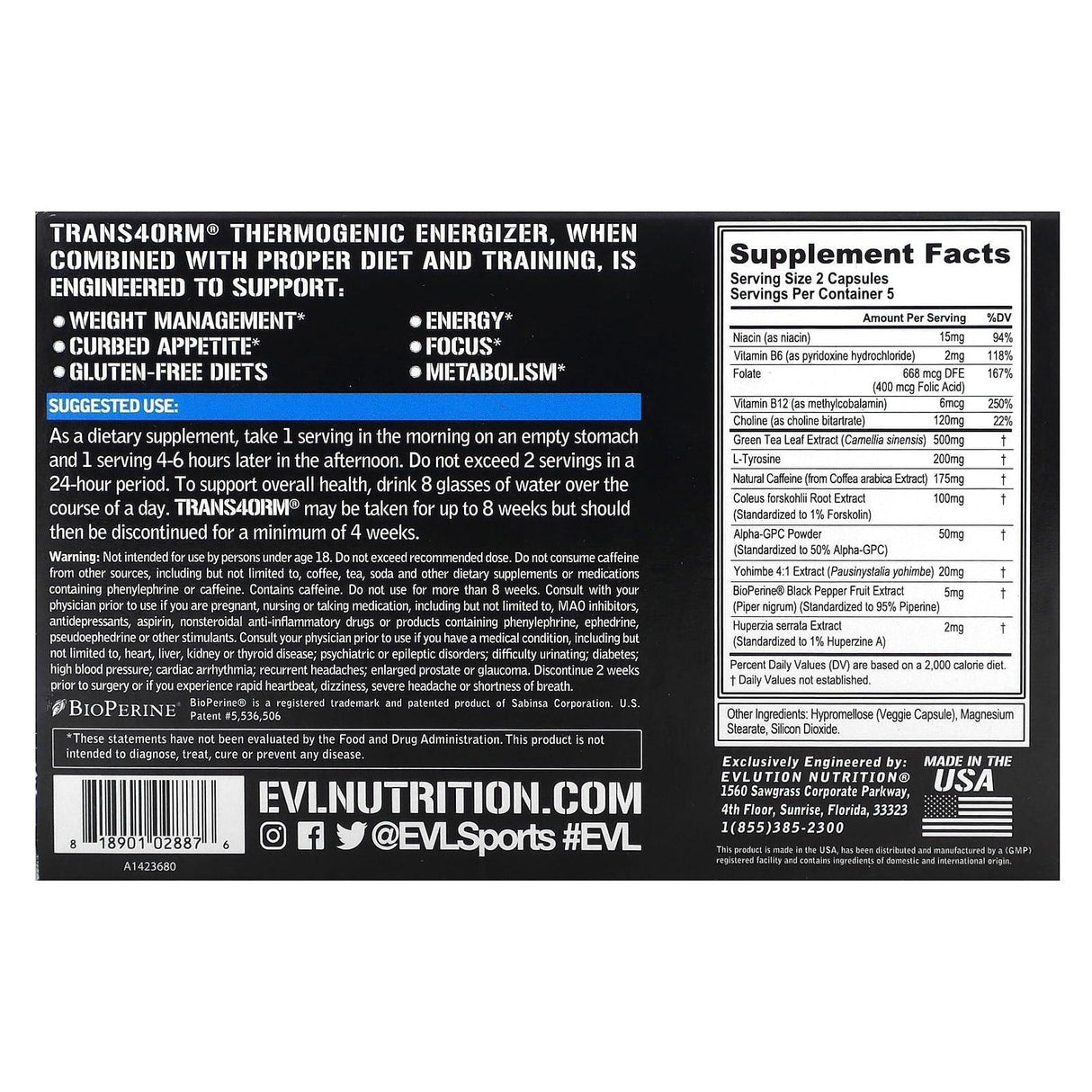 EVLution Nutrition, Trans4orm, Energized Weight Loss Support, 120 Veggie Capsules - Supply Center USA