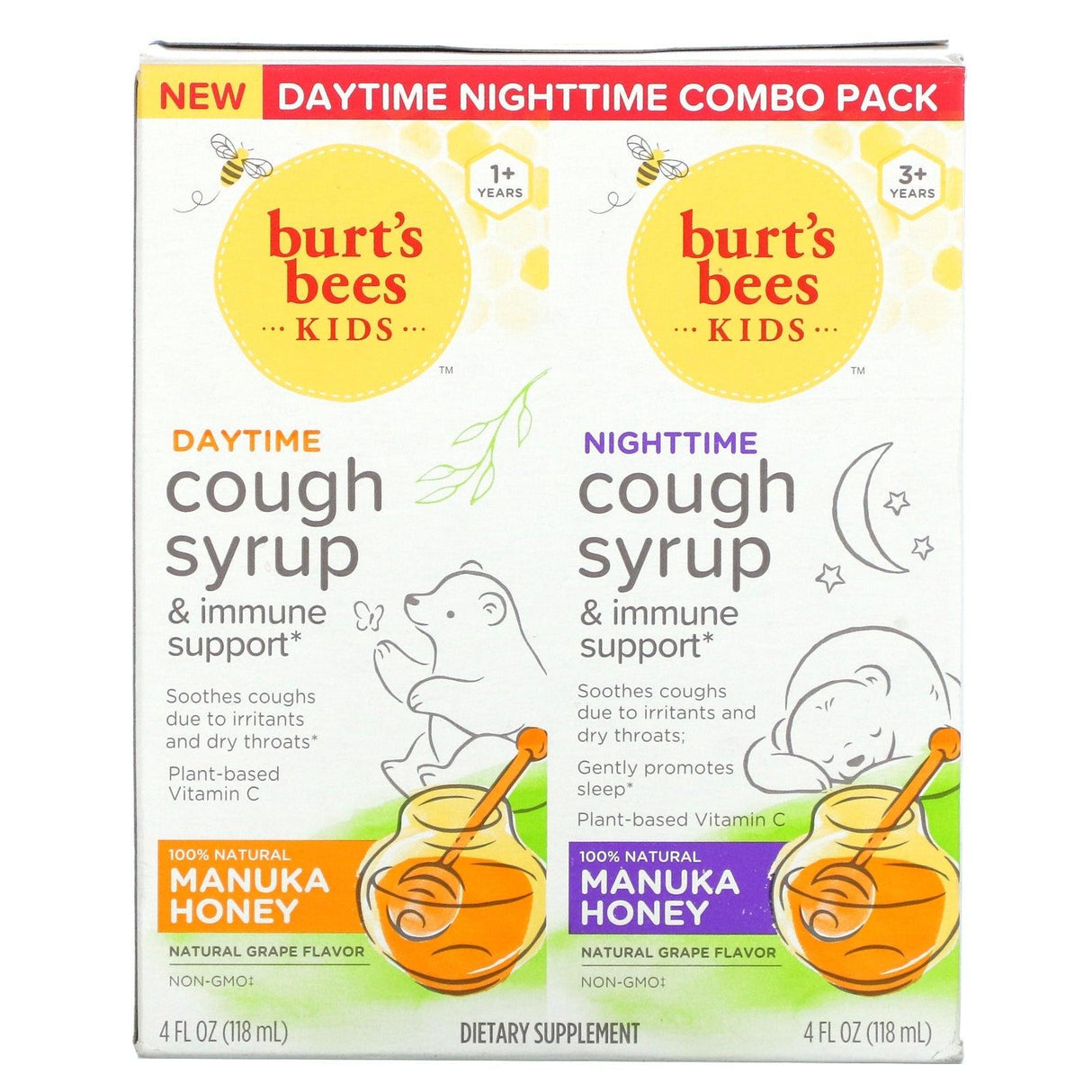 Burt's Bees, Kids, Daytime/Nighttime Cough Syrup & Immune Support, Combo Pack, Natural Grape, 2 Pack, 4 fl oz (118 ml) Each - Supply Center USA