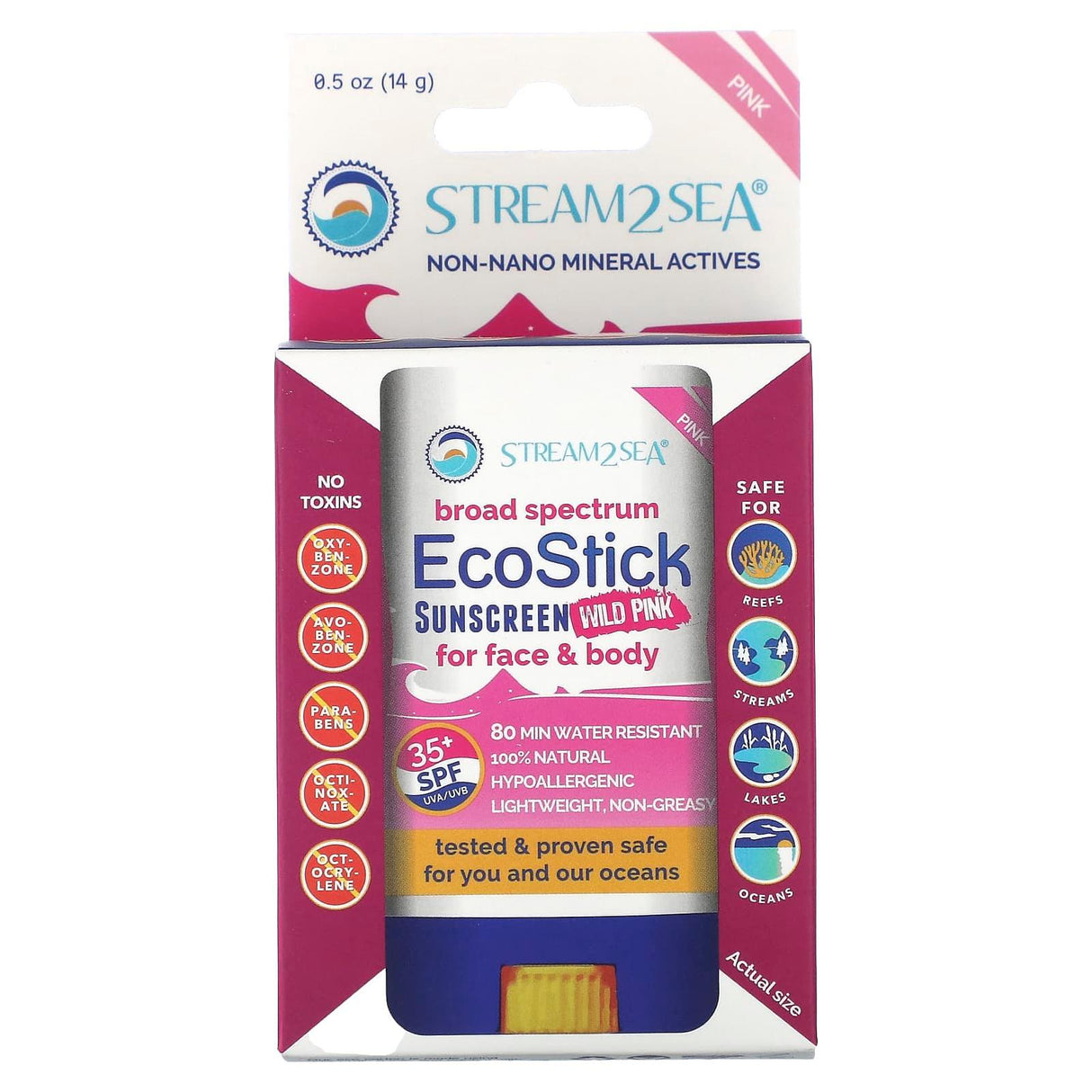 Stream2Sea, EcoStick Sunscreen Wild Pink, SPF 35+, 0.5 oz (14 g) - Supply Center USA