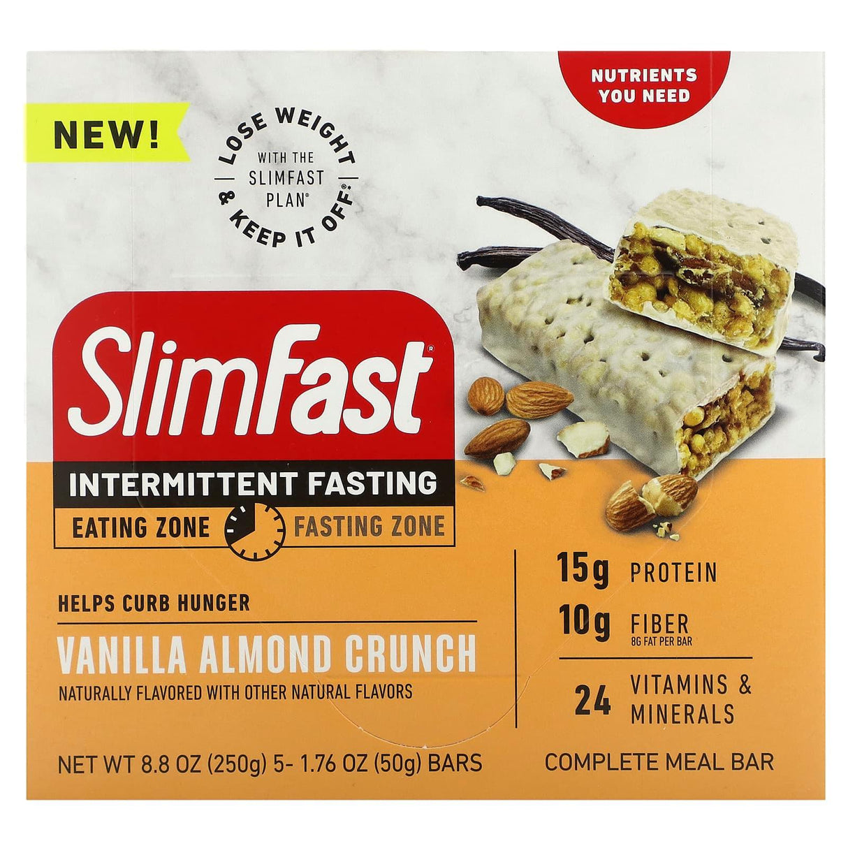 SlimFast, Intermittent Fasting, Complete Meal Bar, Vanilla Almond Crunch, 5 Bars, 1.76 oz (50 g) Each - Supply Center USA