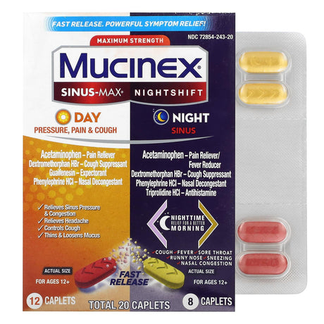 Mucinex, Sinus-Max Day and Nightshift Night Sinus, Maximum Strength, For Ages 12+, 2 Bottles, 20 Caplets - Supply Center USA