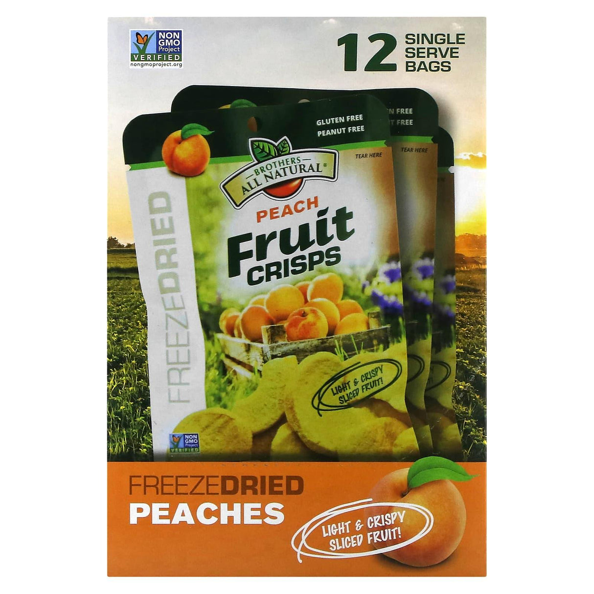 Brothers-All-Natural, Fruit Crisps, Peach, 12 Single Serve Bags, 0.28 oz (8 g) Each - Supply Center USA