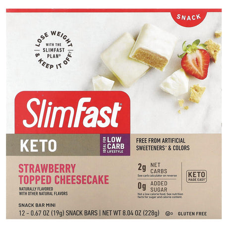 SlimFast, Keto Snack Bar Mini, Strawberry Topped Cheesecake, 12 Pack, 0.6 oz (19 g) Each - Supply Center USA