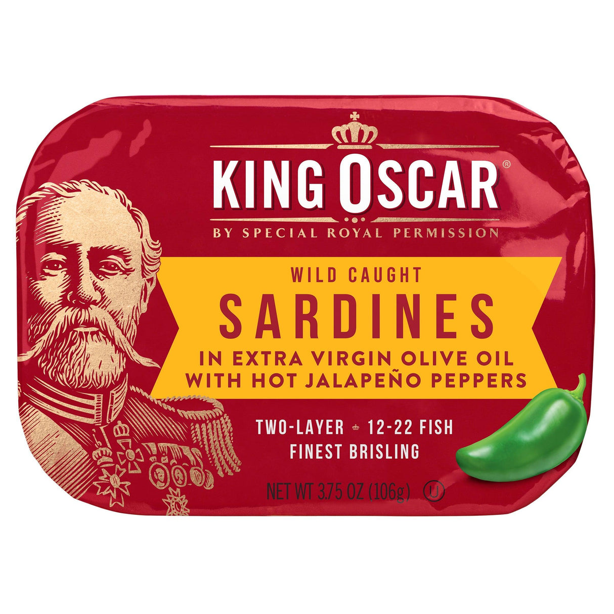 King Oscar, Wild Caught Sardine, In Extra Virgin Olive Oil with Hot Jalapeno Peppers, Hot, Two Layer, 3.75 oz (106 g) - Supply Center USA