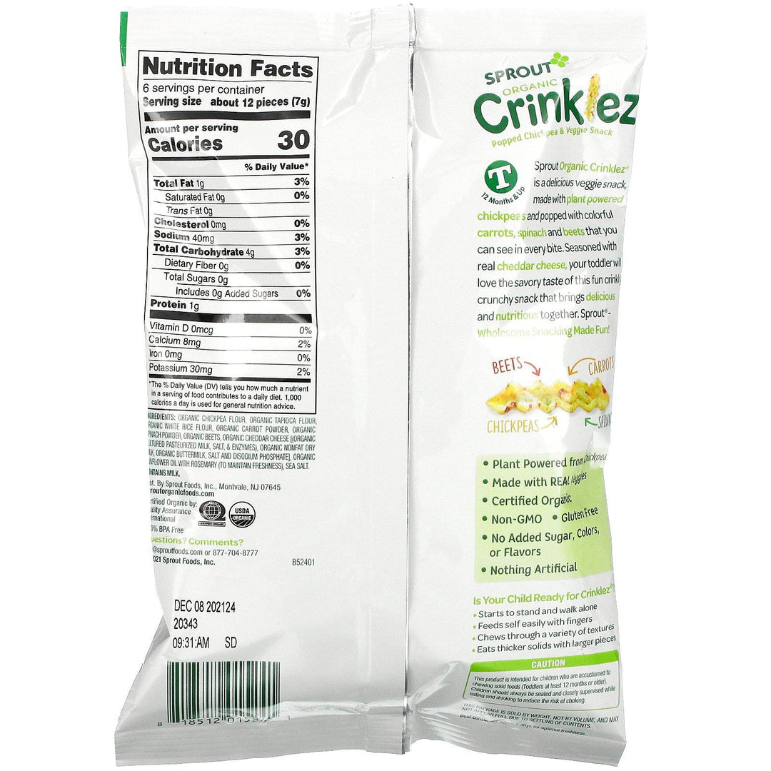 Sprout Organic, Crinklez, Popped Chickpea & Veggie Snack, 12 Months & Up, Cheddar & Spinach, 1.48 oz (42 g) - HealthCentralUSA