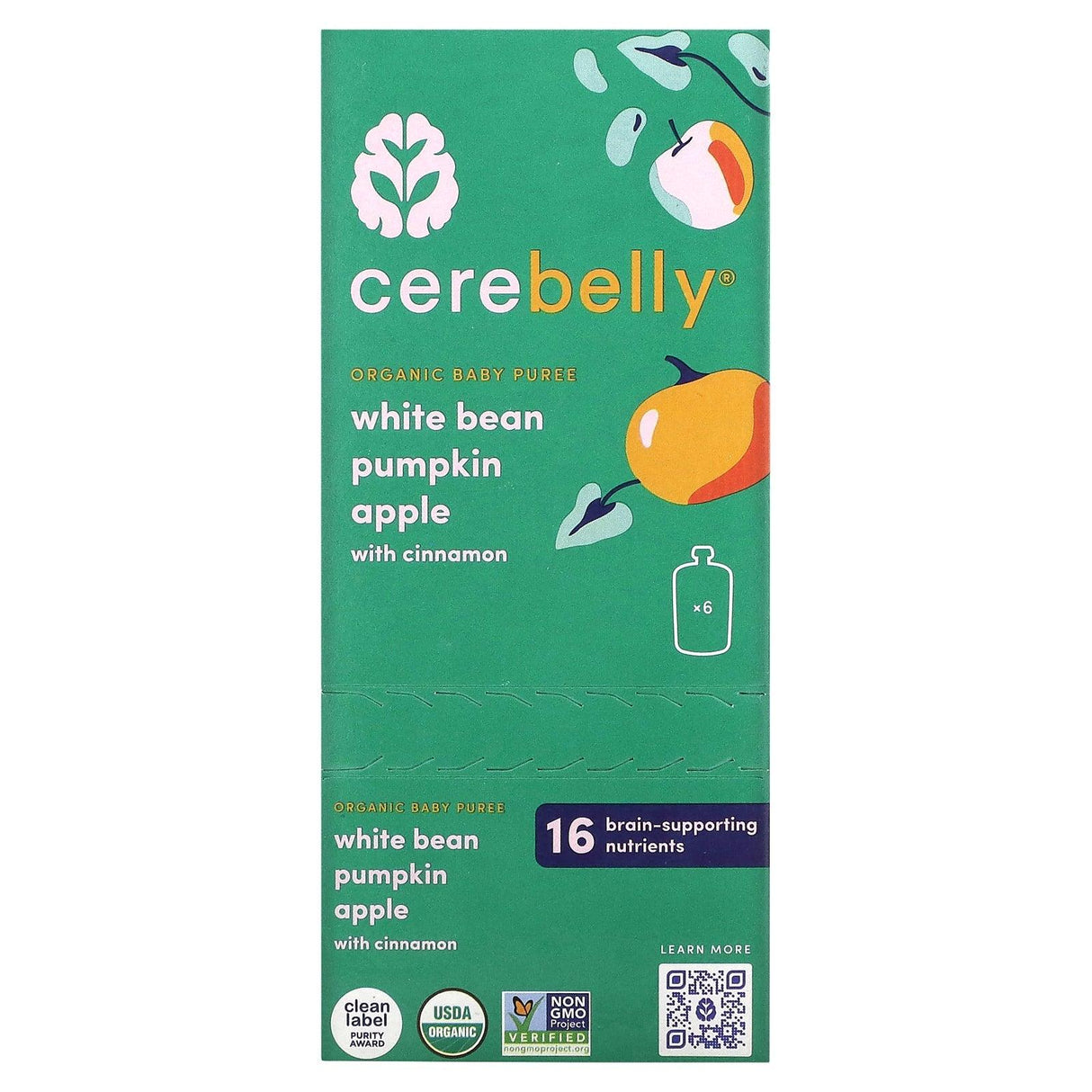 Cerebelly, Organic Baby Puree, White Bean, Pumpkin, Apple with Cinnamon, 6 Pouches, 4 oz (113 g) Each - Supply Center USA