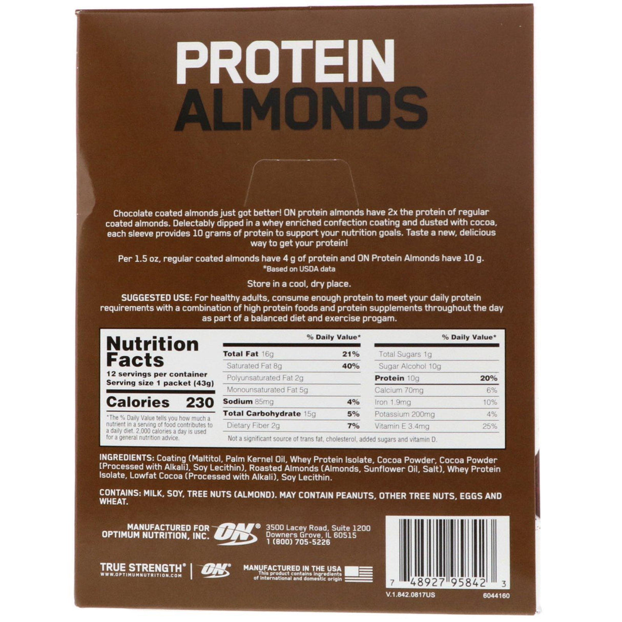 Optimum Nutrition, Protein Almonds, Dark Chocolate Truffle, 12 Packets, 1.5 oz (43 g) Each - Supply Center USA