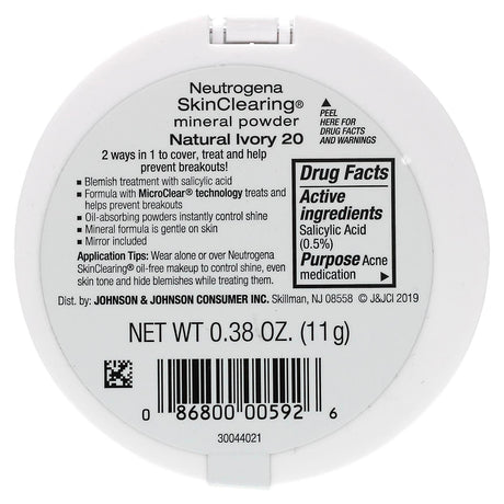 Neutrogena, SkinClearing Mineral Powder, Natural Ivory 20, 0.38 oz (11 g) - Supply Center USA