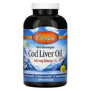 Carlson Labs, Wild Norwegian, Cod Liver Oil Gems, Natural Lemon Flavor, 230 mg, 300 Soft Gels - Supply Center USA