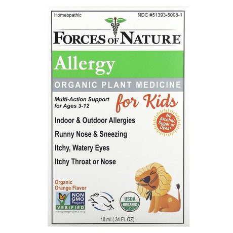 Forces of Nature, Allergy, Organic Plant Medicine, For Kids Ages 3-12, Orange, 0.34 fl oz (10 ml) - Supply Center USA