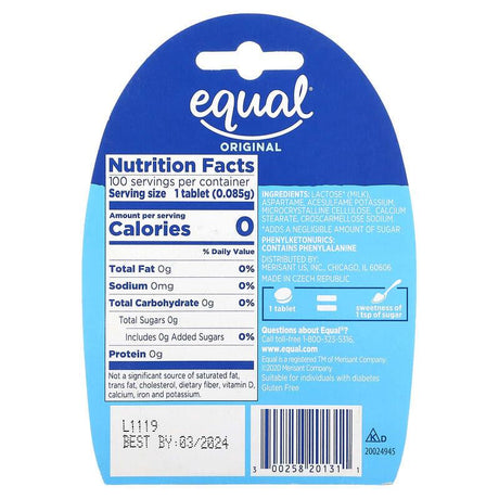 Equal, Zero Calorie Sweetener, Original, 100 Tablets - Supply Center USA