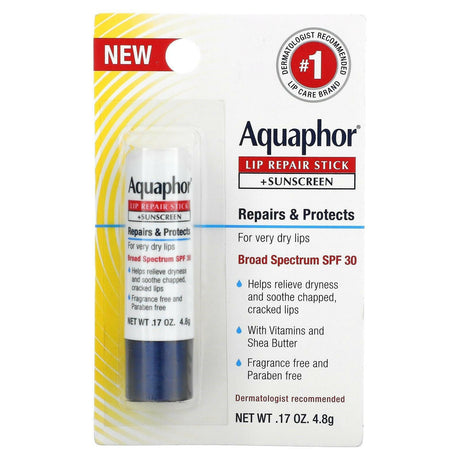 Aquaphor, Lip Repair Stick + Sunscreen, SPF 30, Fragrance Free, 0.17 oz (4.8 g) - Supply Center USA