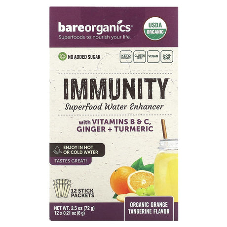 BareOrganics, Immunity, Superfood Water Enhancer, Orange Tangerine, 12 Stick Packets, 0.21 oz (6 g) Each - Supply Center USA