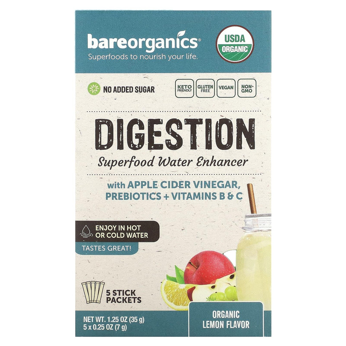 BareOrganics, Digestion Superfood Water Enhancer, Organic Lemon , 12 Stick Packets, 0.25 oz (7 g) Each - Supply Center USA