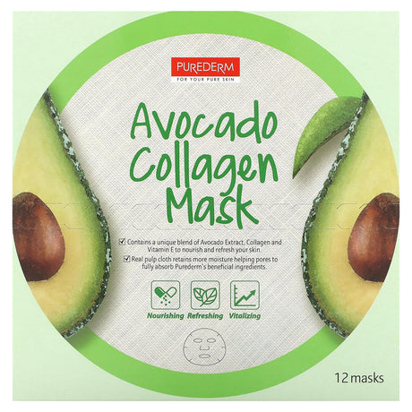 Purederm, Avocado Collagen Beauty Mask, 12 Sheets, 0.63 oz (18 g) Each - Supply Center USA