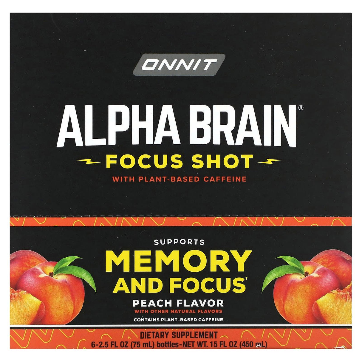 Onnit, Alpha Brain Focus Shot, Peach, 6 Bottles, 2.5 fl oz (75 ml) Each - Supply Center USA