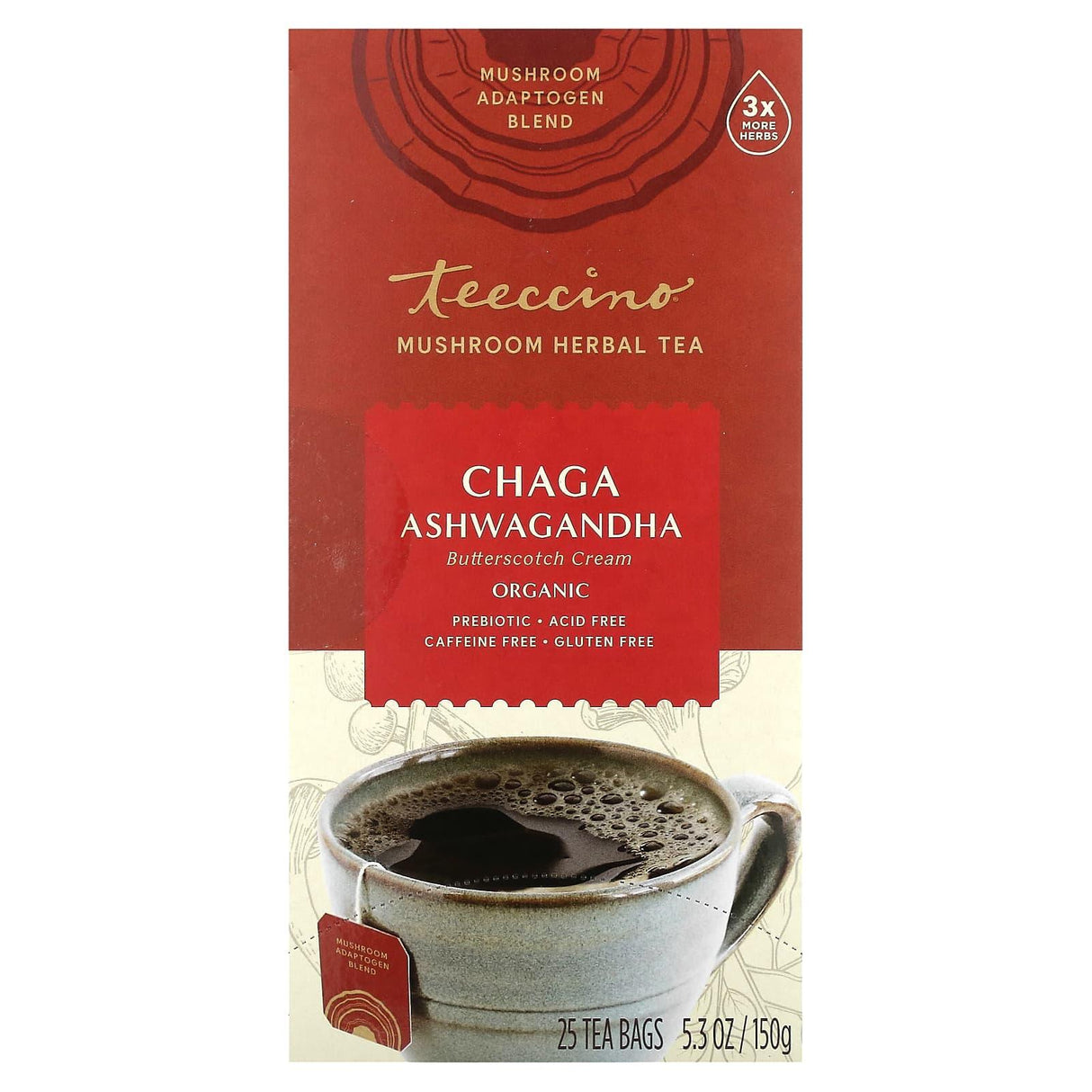 Teeccino, Organic Mushroom Herbal Tea, Chaga Ashwagandha, Butterscotch Cream, Caffeine Free, 25 Tea Bags, 5.3 oz (150 g) - Supply Center USA