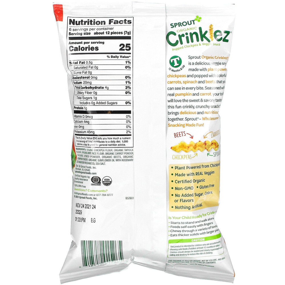 Sprout Organic, Crinklez, Popped Chickpea & Veggie Snack, 12 Months & Up, Pumpkin & Carrot, 1.48 oz (42 g) - HealthCentralUSA