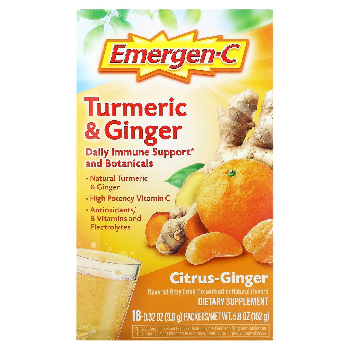 Emergen-C, Turmeric & Ginger, Citrus-Ginger, 18 Packets, 0.32 oz (9 g) Each - Supply Center USA