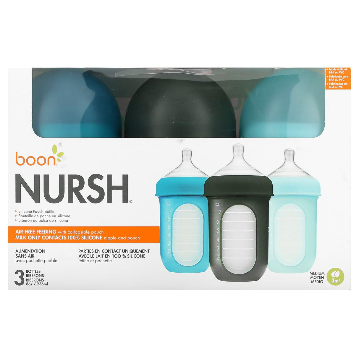 Boon, Nursh, Silicone Pouch Bottle, 3m+, Medium, 3 Bottles, 8 oz (236 ml) Each - Supply Center USA