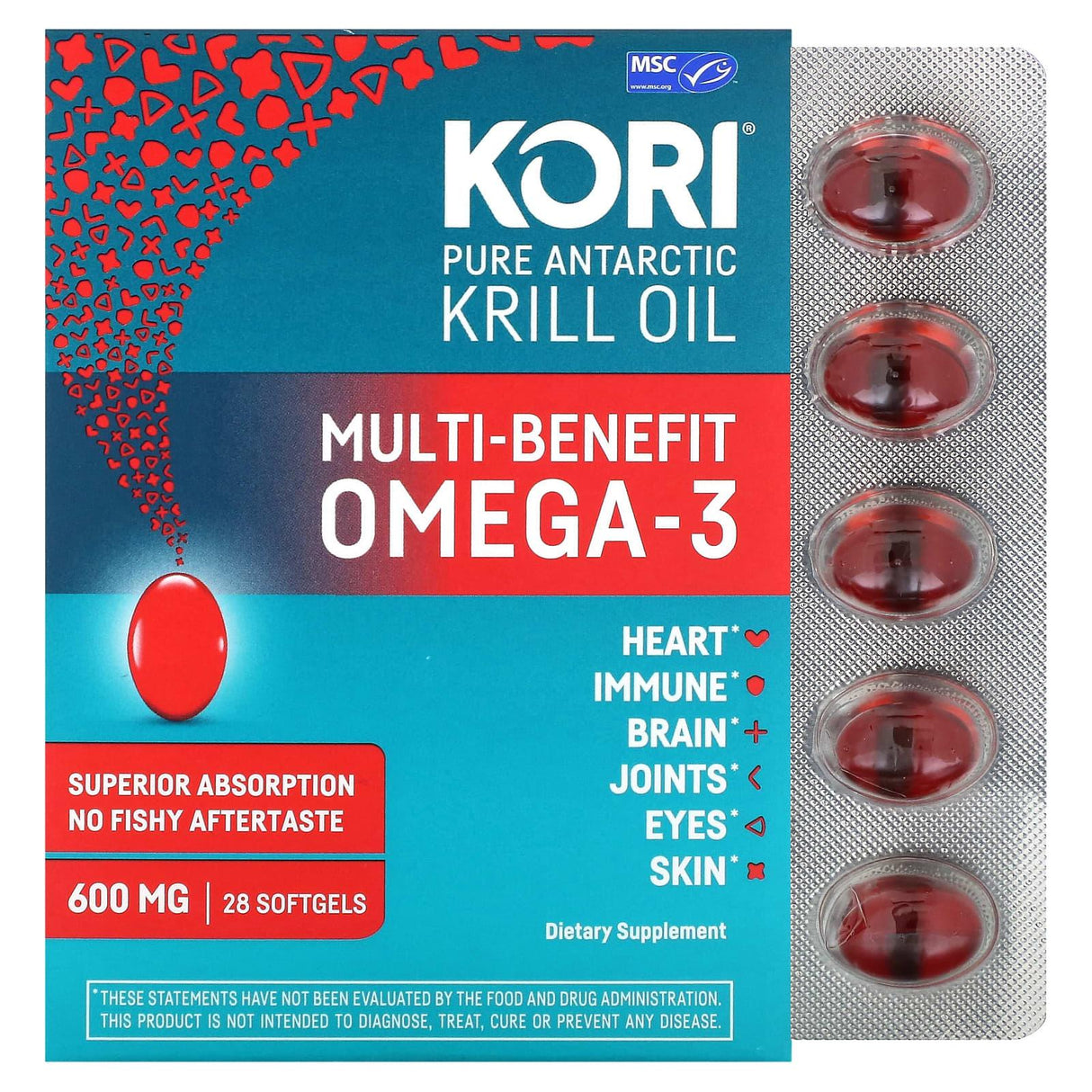 Kori, Pure Antarctic Krill Oil, Multi-Benefit Omega-3, 600 mg, 28 Softgels - Supply Center USA