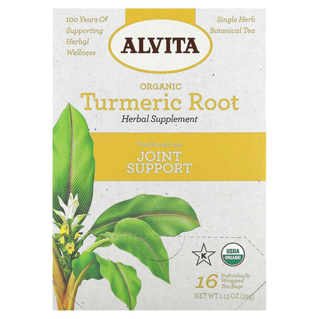 Alvita Teas, Organic Botanical Tea, Turmeric Root, Caffeine Free, 16 Individually Wrapped Tea Bags, 1.13 oz (32 g) - Supply Center USA