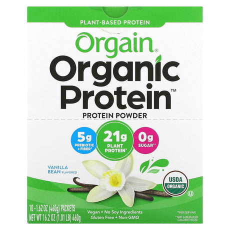 Orgain, Organic Protein Powder, Vanilla Bean, 10 Packets, 1.62 oz (46 g) Each - Supply Center USA