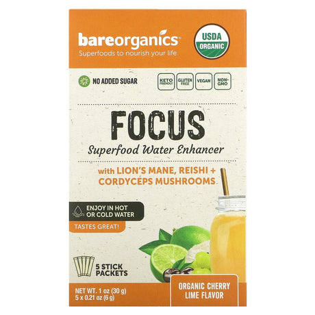 BareOrganics, Focus, Superfood Water Enhancer, Organic Cherry Lime, 5 Stick Packets, 0.21 oz (6 g) Each - Supply Center USA