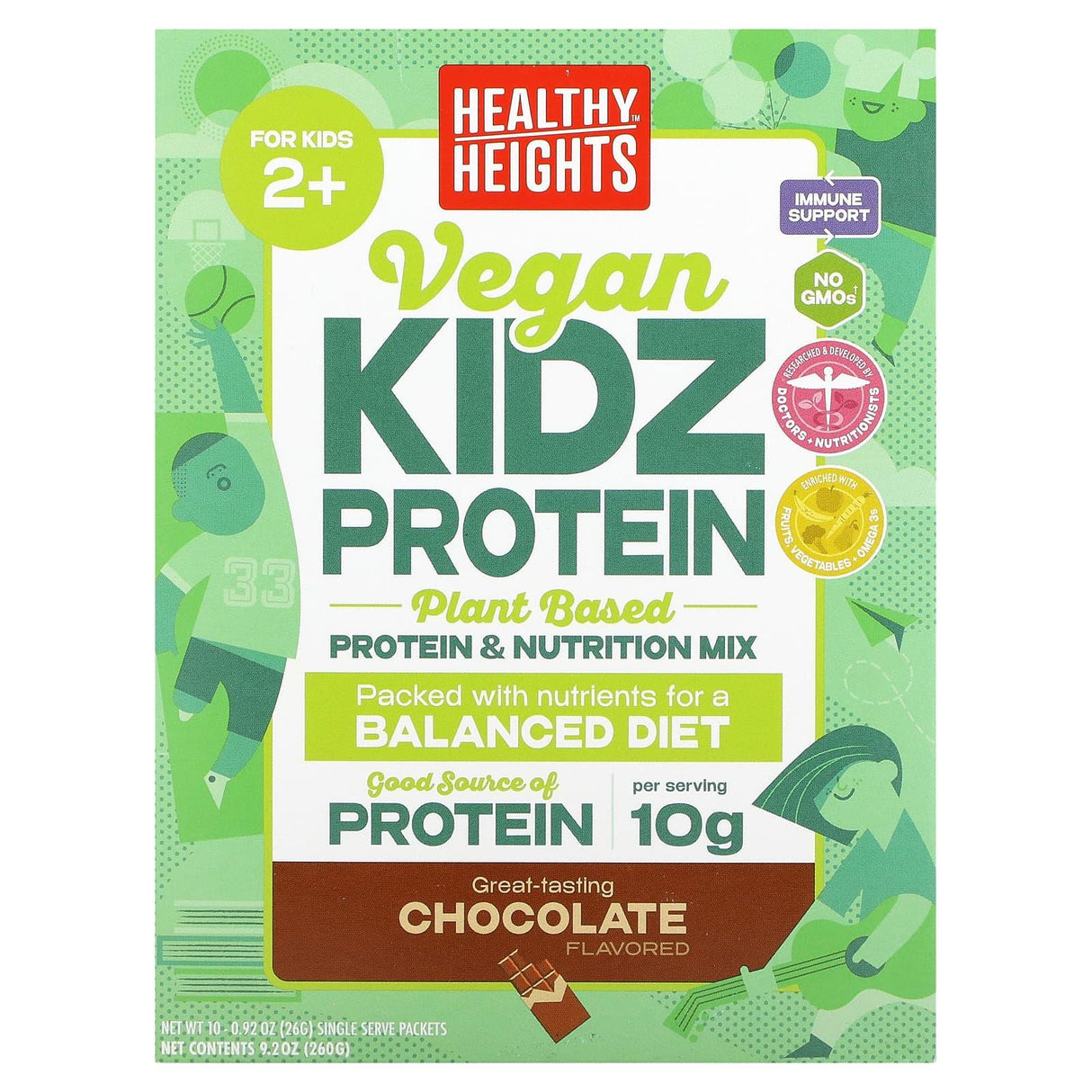 Healthy Heights, Vegan Kidz Protein, For Kids 2+, Chocolate, 10 Single Serve Packets, 0.92 oz (26 g) Each - Supply Center USA