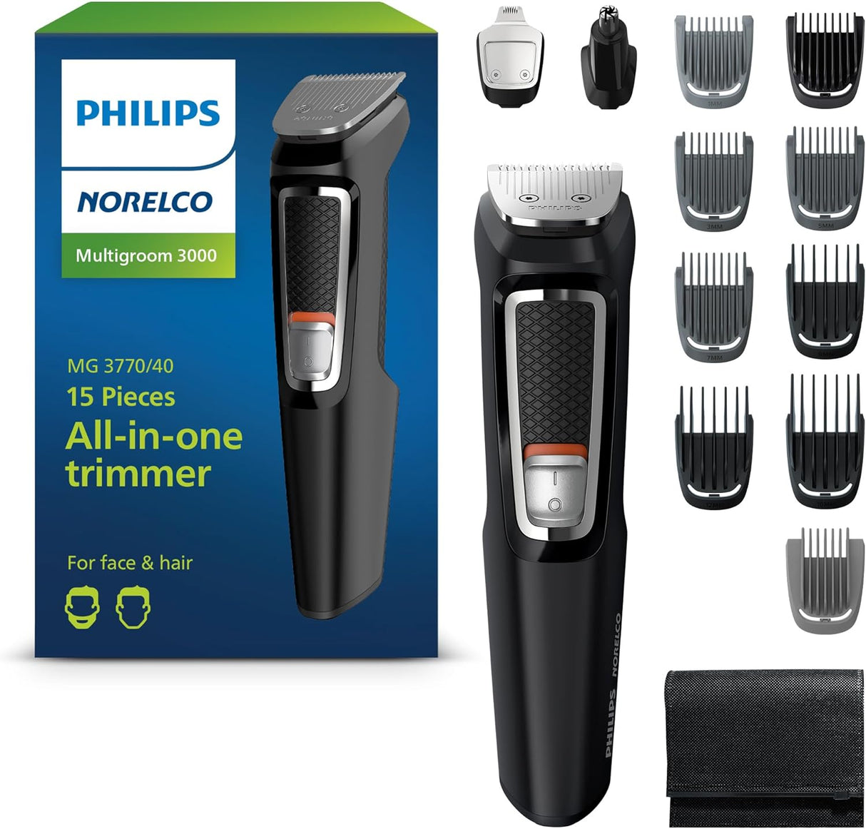Philips Norelco Multi Groomer All-In-One Trimmer Series 3000-13 Piece Mens Grooming Kit for Beard, Face, Nose, Ear Hair Trimmer and Hair Clipper - NO Blade Oil Needed, MG3740/40