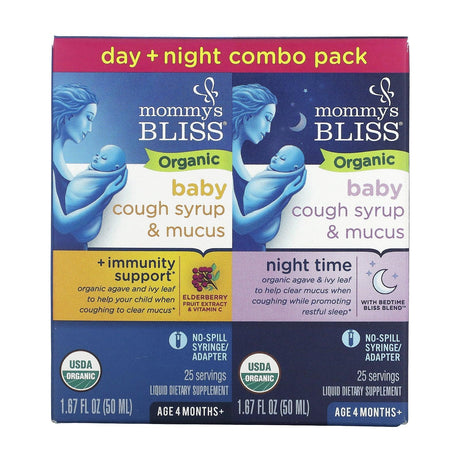 Mommy's Bliss, Baby, Organic Cough Syrup & Mucus, Day/Night Pack, Age 4 Months+, 2 Pack, 1.67 fl oz (50 ml) Each - Supply Center USA