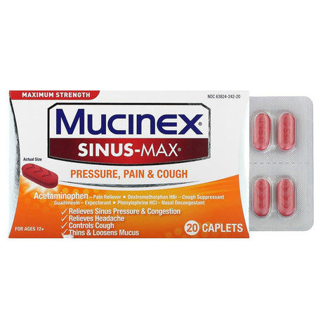 Mucinex, Sinus-Max, Pressure, Pain & Cough, For Ages 12+, 20 Caplets - Supply Center USA