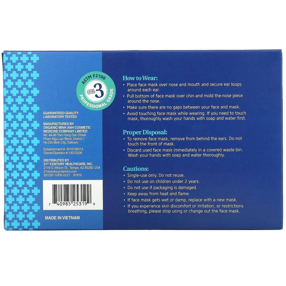 21st Century, Protective Face Mask, ASTM F2100, Single Use Disposable Masks, 50 Masks, 5-10 ct Packs - Supply Center USA