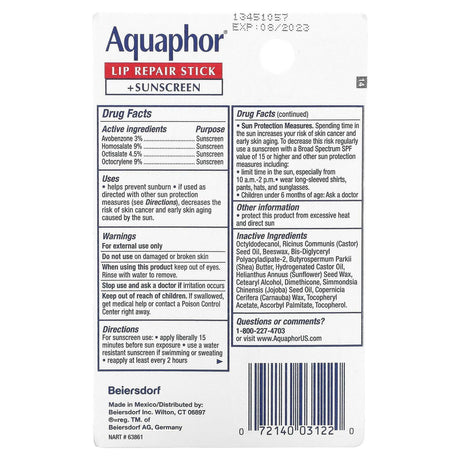 Aquaphor, Lip Repair Stick + Sunscreen, SPF 30, Fragrance Free, 0.17 oz (4.8 g) - Supply Center USA