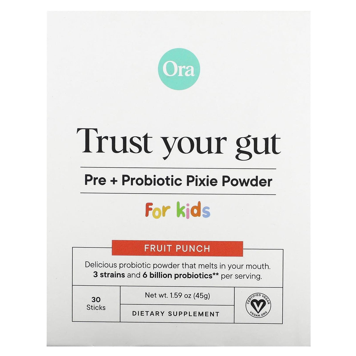 Ora, Trust Your Gut, Pre + Probiotic Pixie Powder, For Kids, Fruit Punch, 6 Billion, 30 Sticks, 0.05 oz (1.5 g) Each - Supply Center USA