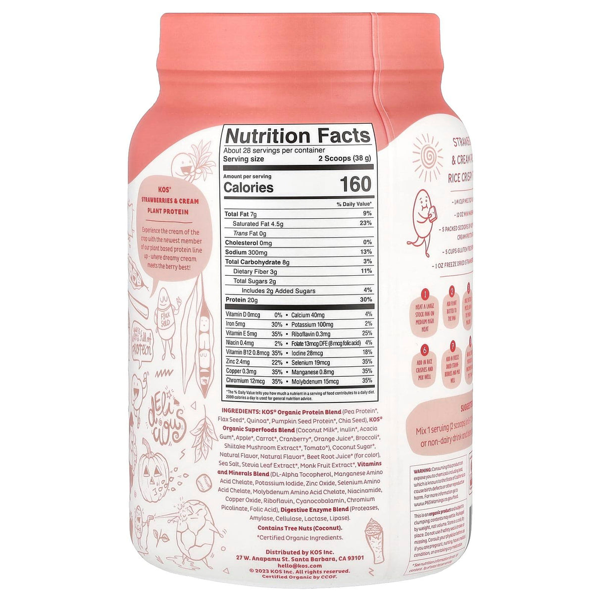 KOS, Organic Superfood Plant Protein Powder, Strawberries & Cream, 2.34 lb (1,064 g) - Supply Center USA